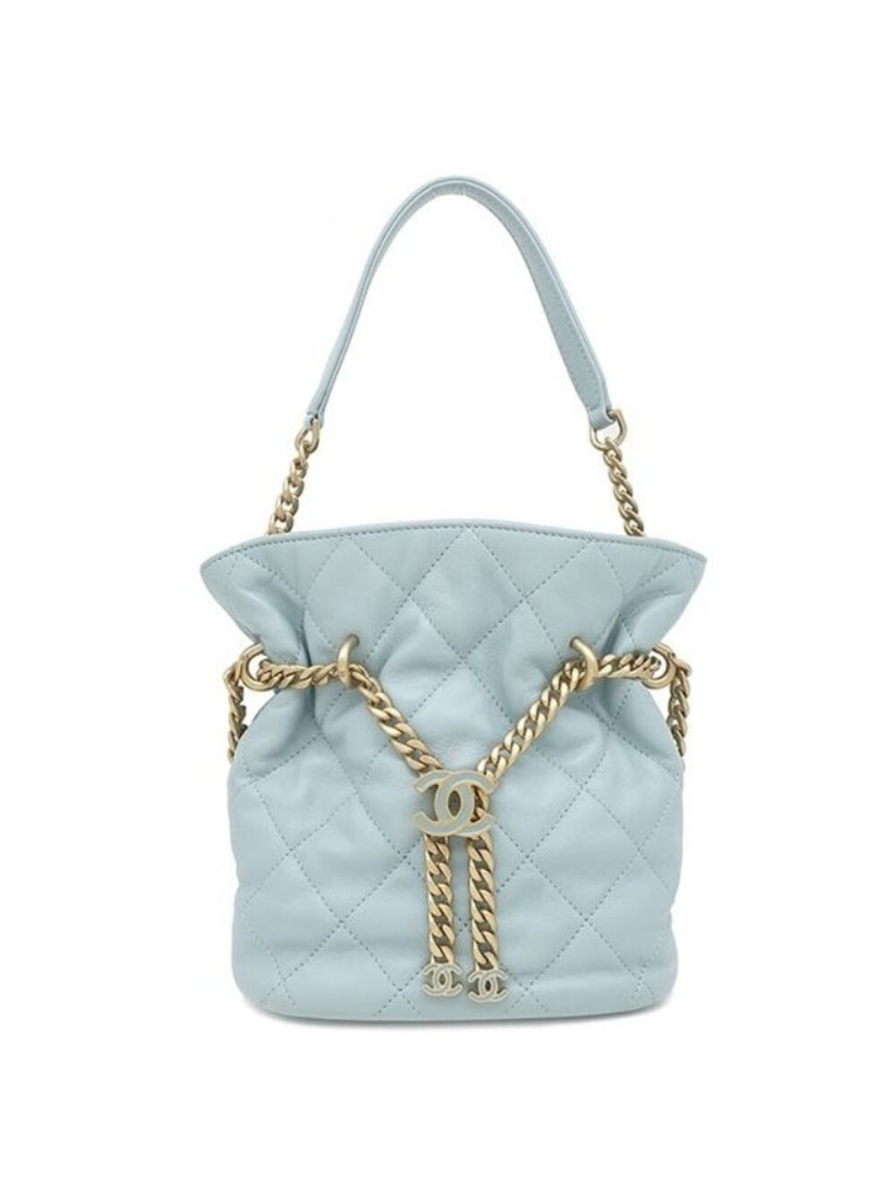 Chanel 2-Way Quilted Mini Bucket Bag Lambskin Light Blue Gold